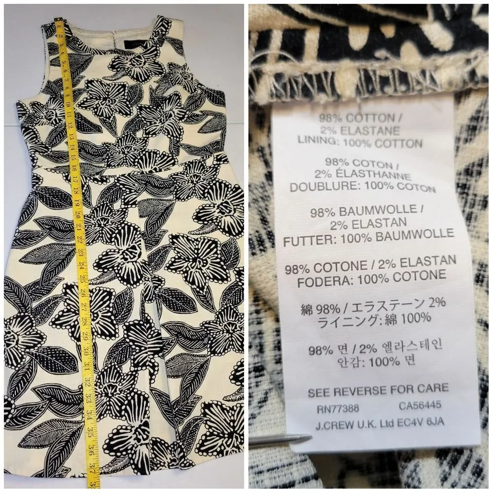 J Crew Women Sleeveless Polynesian Floral Print Dress Ivory Black A-Line Cotton